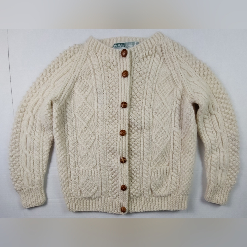 VTG John Molloy Cable Knit Cardigan Womens Off White Wool Donegal Hand Knit